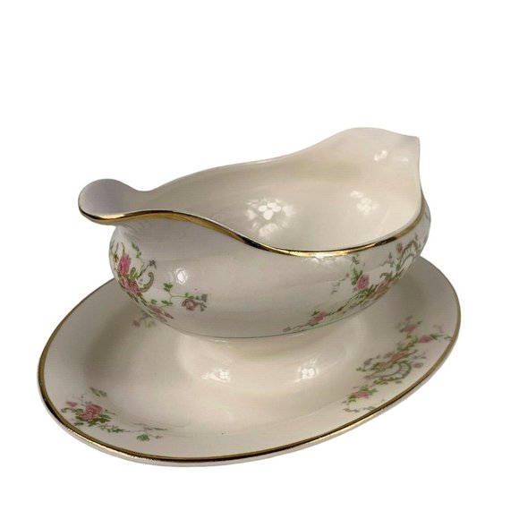 Pope Gosser Gwendolyn Gravy Boat Underplate Pink Roses Gray Scrolls Vintage - Picture 8 of 12